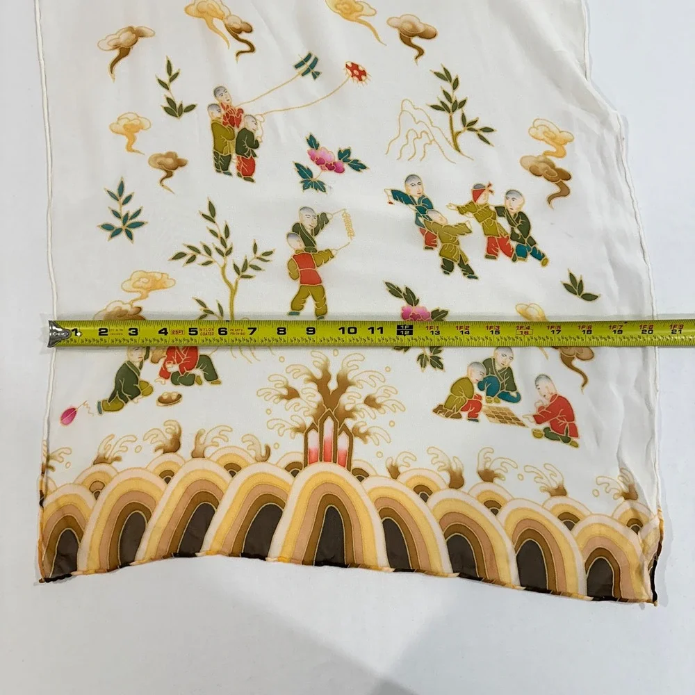 Vintage 100% Silk Scarf Chinoiserie Children Playing Print Ivory Multi 67x20